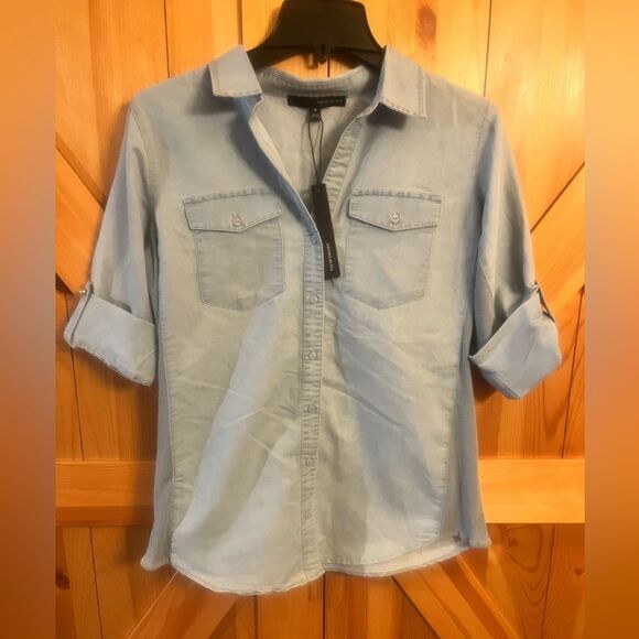 Harve Benard Women’s Sz Medium Blue Button Down Shirt Roll Tab Sleeves Nwt (3811 - Picture 1 of 6